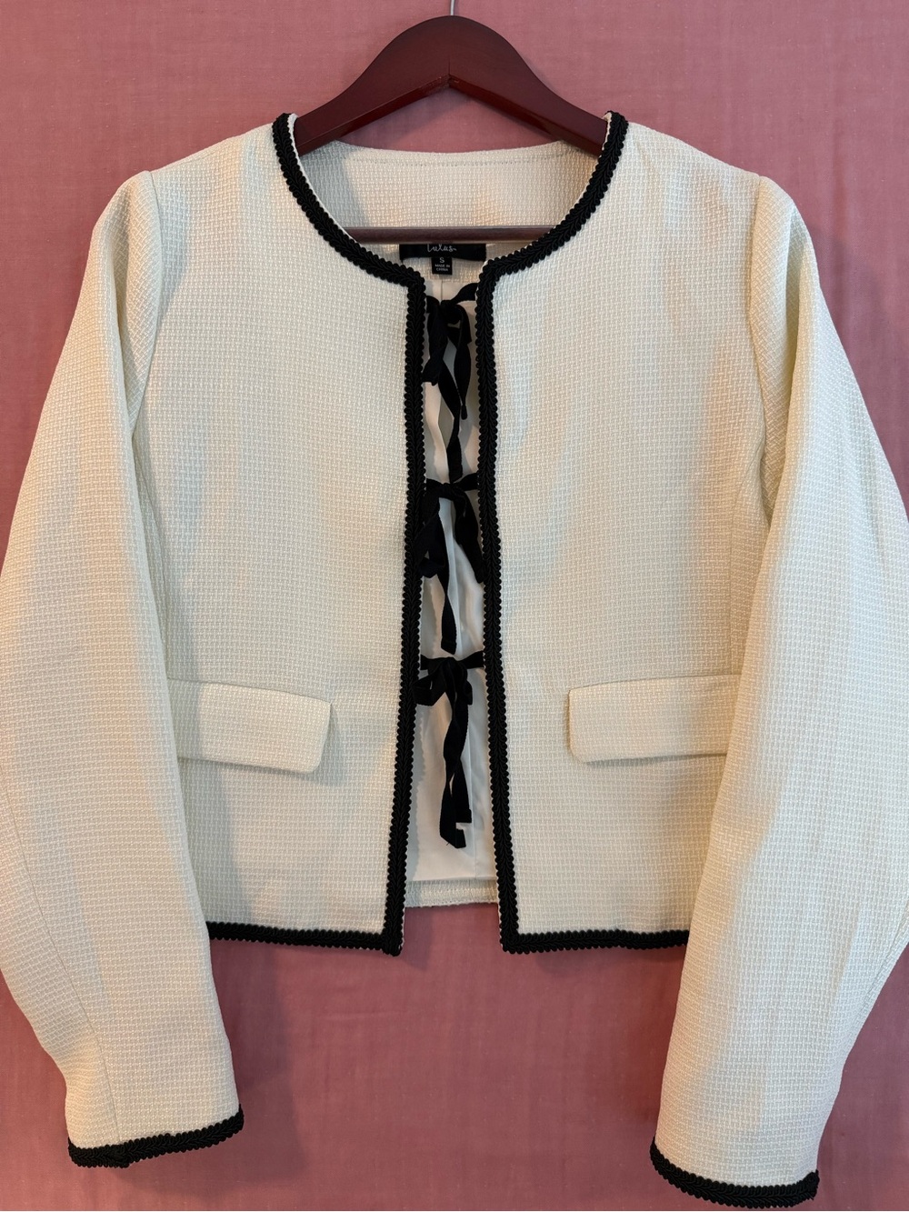 Lulus Ribbon-Tie Cardigan Blazer with Black Trim